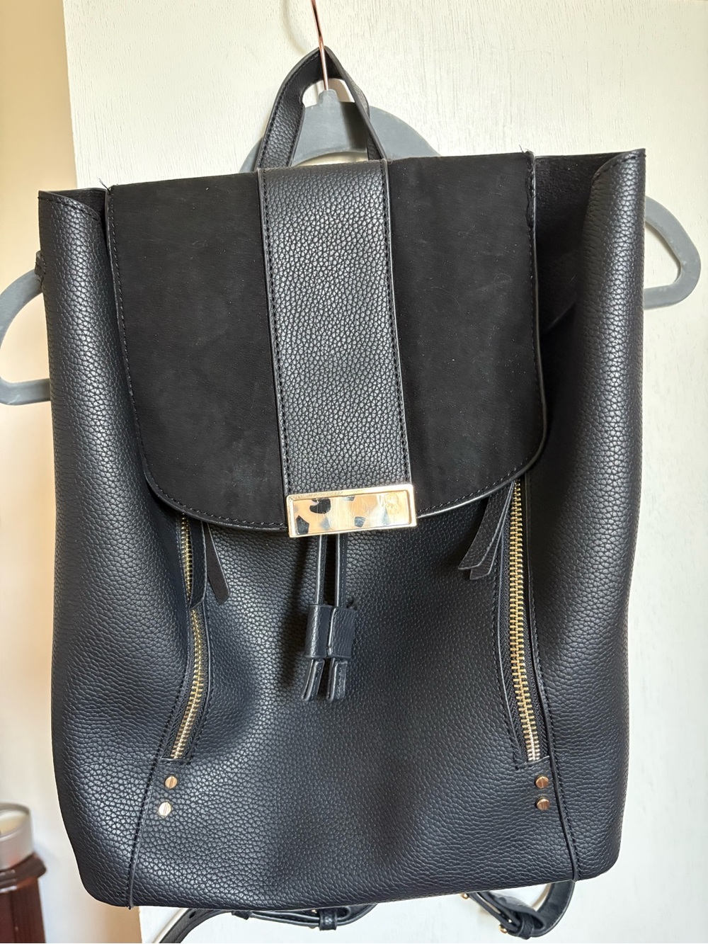 Topshop Black Pebbled Leather & Suede Flap Backpack with Gold Hardware